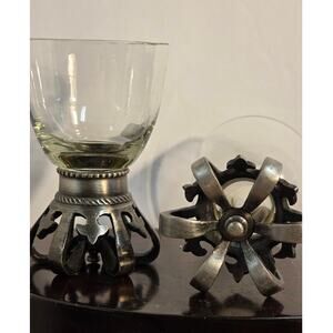 Vintage Crown Base Goblets; 2 Glass Pewter Tone Metal Gothic Style Cordial Wine